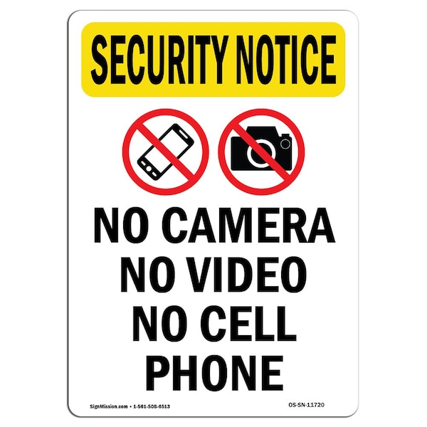 Safety Sign, OSHA SECURITY NOTICE, 5" Height, No Camera No Video, Portrait, 10PK